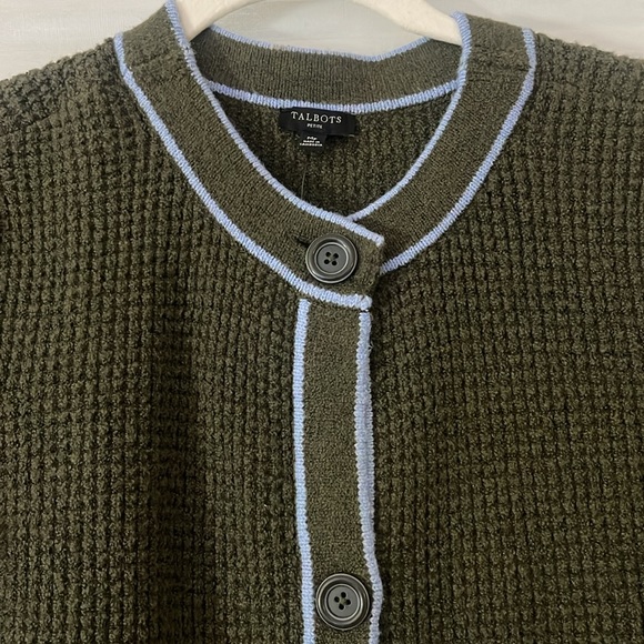 Talbots tipped textured cardigan sweater. Tuscan olive & blue sky. Size Mp NWT - Picture 13 of 15